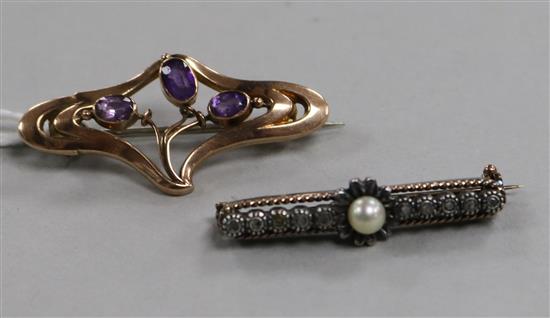 A 9ct gold and amethyst Murrle Bennett brooch and a diamond and cultured pearl set bar brooch, both cased